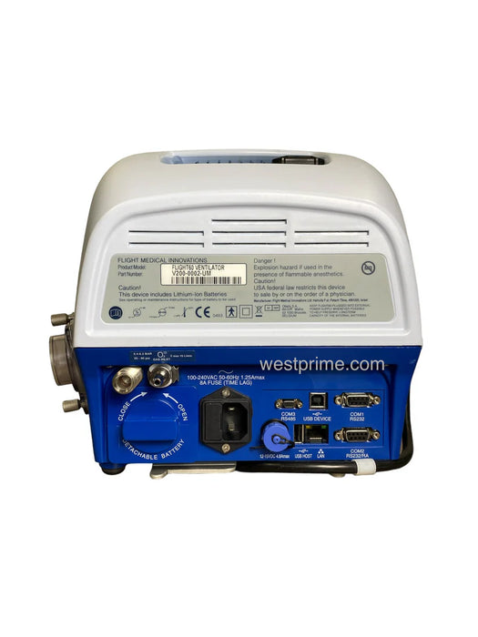Rear view of Flight 60T ventilator showing ports and connections