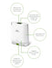 A white portable personal dosimeter device with green and black text callouts explaining its features, set against a plain white background.